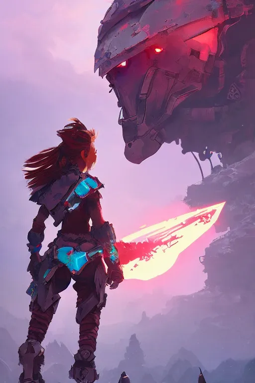 Image similar to combination suit armor aloy horizon forbidden west horizon zero dawn radiating a glowing aura global illumination ray tracing hdr fanart arstation by ian pesty and alena aenami artworks in 4 k tribal robot ninja mask helmet backpack