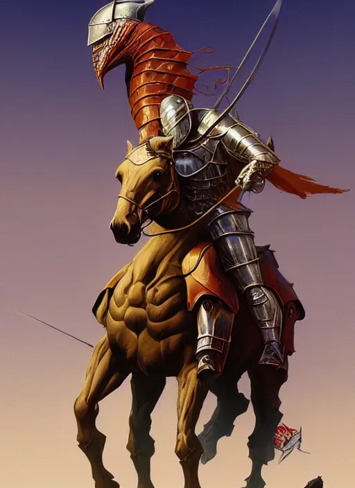 Prompt: a knight in armor on a thick strong horse by mike allred and moebius and karol bak and frazetta sharp digital painting. dreaming latent space. matte painting, concept art. artstation. digital render. realistic, 8 k