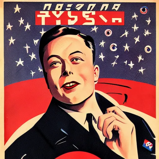 Image similar to 1940s Russian propaganda poster about Elon Musk