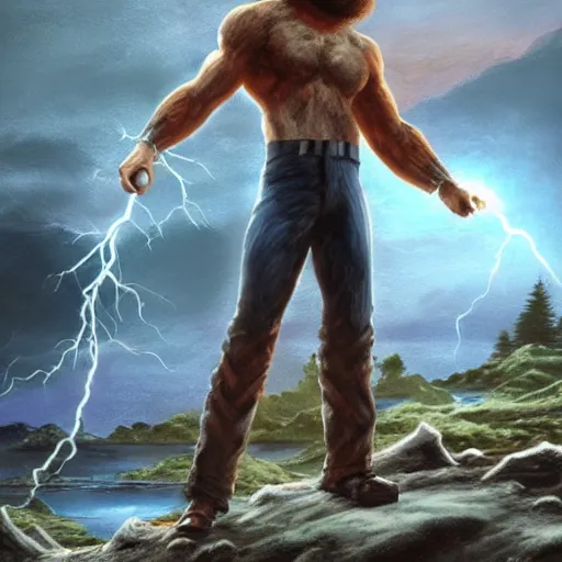 Prompt: bob ross dressed as a superhero, standing on rocky ground, angry expression, detailed facial features, lightning behind, dark background, action pose, holding a paintbrush, ultra - detailed, intricate, detailed shadows and textures, 8 k, action pose, photorealism