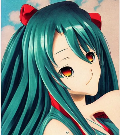 Prompt: Anime art very beautiful Hatsune miku by Gil Elvgren, Earl Moran, Enoch Bolles, symmetrical shoulders, hatsune miku anime face