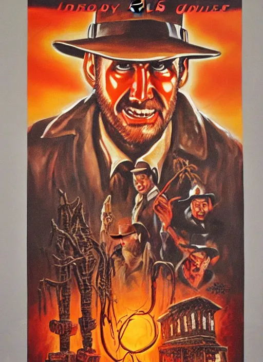 Image similar to creepy horror 1 9 8 6 poster for indiana jones. oil on canvas. print.