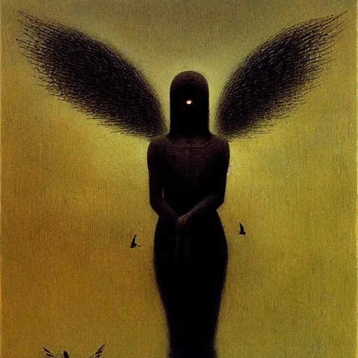 Image similar to bird girl with black wings by Beksinski