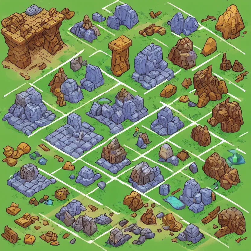 Image similar to set of isometric game tiles, containing a boulder, a wizard's tower, a cave, and several mines, colored lineart