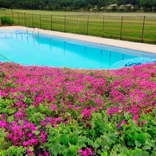 Image similar to flowers and vines creep in a field with a majestic swimming pool