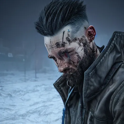 Image similar to A comic book style portrait painting of a male post apocalyptic punk warrior in a winter landscape, unreal 5, DAZ, hyperrealistic, octane render, RPG portrait, ambient light, dynamic lighting