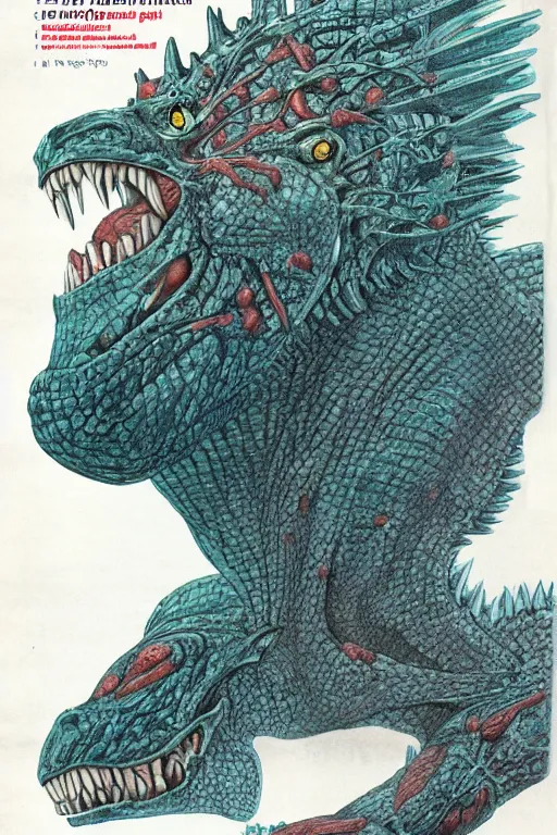 Image similar to biology textbook page, kaiju, 1990s, vintage, anatomy