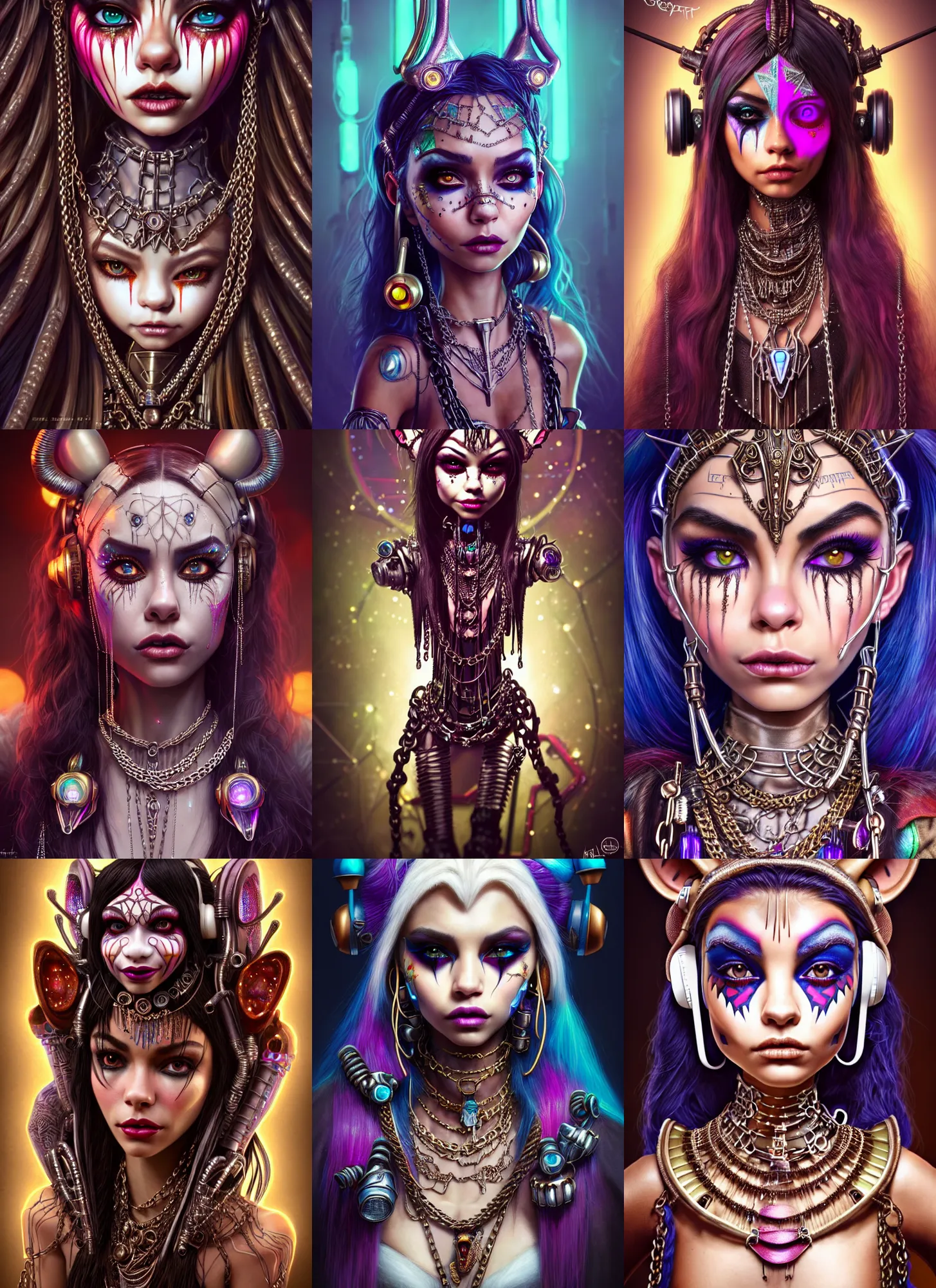 Prompt: disney weta portrait, stunning lustrous ivory gothic raver clowncore madison beer aztec cyborg, earbuds, chains, bling, sci - fi, fantasy, cyberpunk, intricate, decadent, highly detailed, digital painting, ever after high, octane render, artstation, concept art, smooth, sharp focus, illustration, art by artgerm, loish, wlop