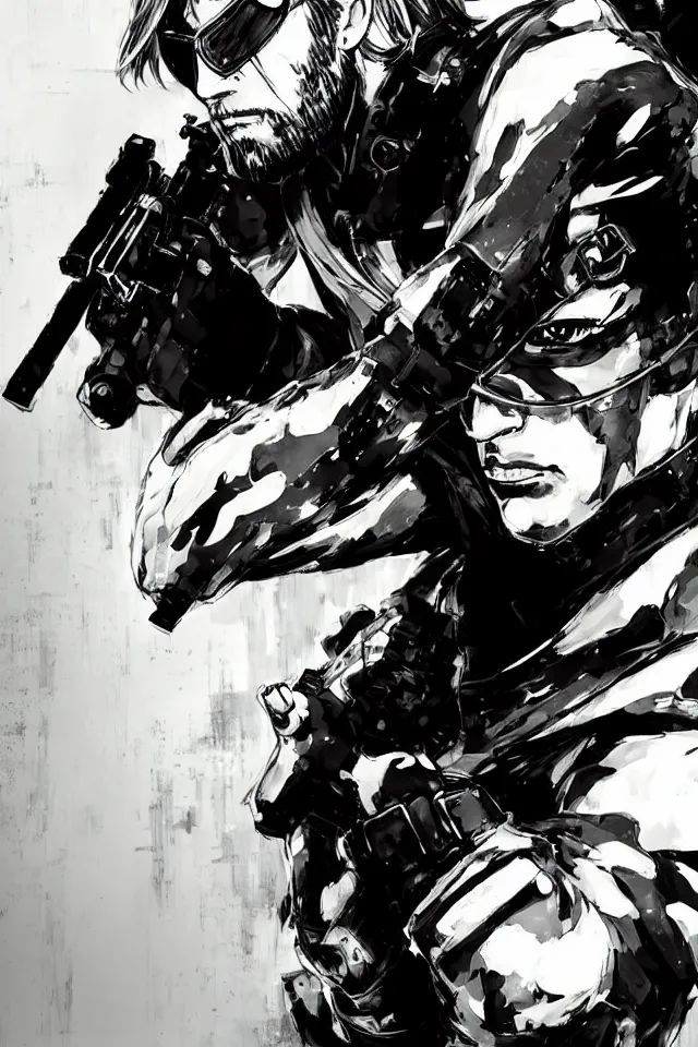 Image similar to a full - body portrait of the tiktoker anna banana, in yoji shinkawa's art style, metal gear solid art style, highly detailed, 4 k, artistic, white background, b & w