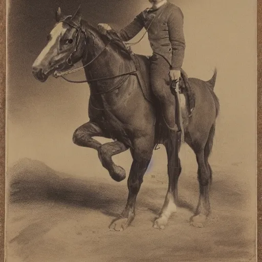 Image similar to a man sitting on a horse, he is screaming and holding both his arms up.