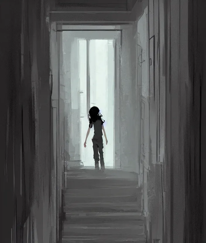 Prompt: a door at the end of a long dark staircase leading down and a dark corridor by pascal campion, trending on artstation „