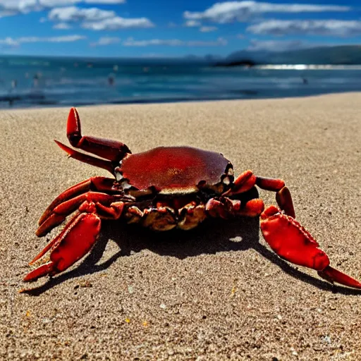 Prompt: crab on beach on sand, sea in the background, sun is shining