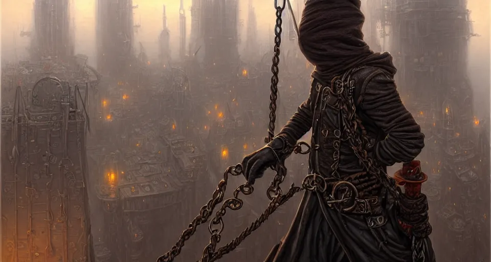 Image similar to landscape painting of a hooded thief in leathers using a rope to climb a tall metal steampunk buildings within a fantasy city with bridges, fine details, andreas rocha, magali villeneuve, artgerm, rutkowski