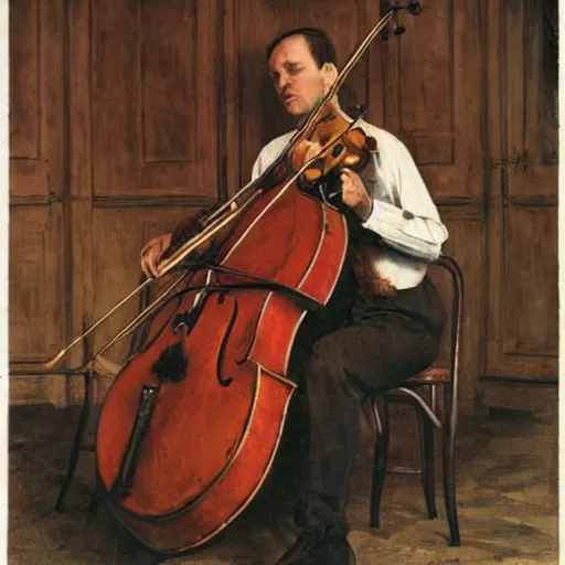 Prompt: simon brehm playing an acoustic double bass in the style of carl larsson