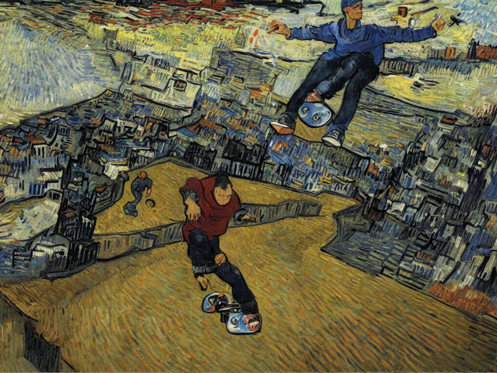 Prompt: tony hawk pro skater, by vincent van gogh