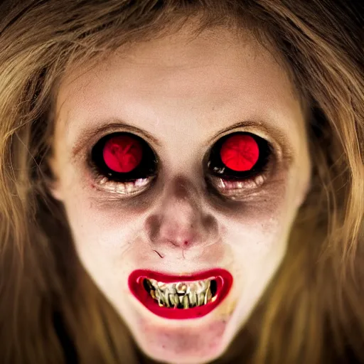 Prompt: woman with crazed, bloodshot eyes and a creepy smile, photorealistic photography, 8k quality, 8k, close-up imagery, macro photography, close-up imagery, macro photography