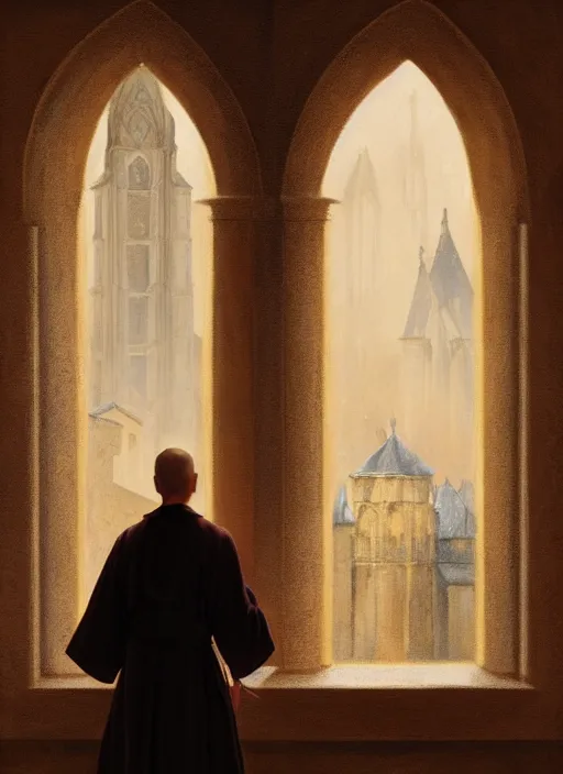 Image similar to oil painting of a medieval dominican monk in robes, looking out of a monastery window contemplatively, a majestic cathedral in the background, digital art, artstation, cinematic, golden hour, digital art painting by greg rutkowski