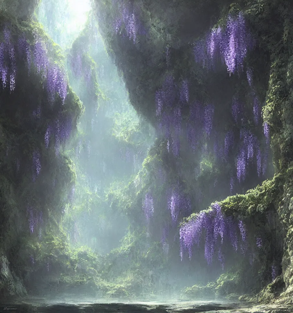 Image similar to “ a painting of a tiny wisteria tree at the bottom of a huge beautiful cave with a lake, a detailed matte painting by artem demura, artstation hq, matte painting, volumetric lighting ”