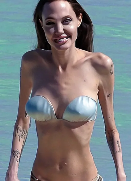 Image similar to teenage Angelina Jolie subdermal bikini made of crystal