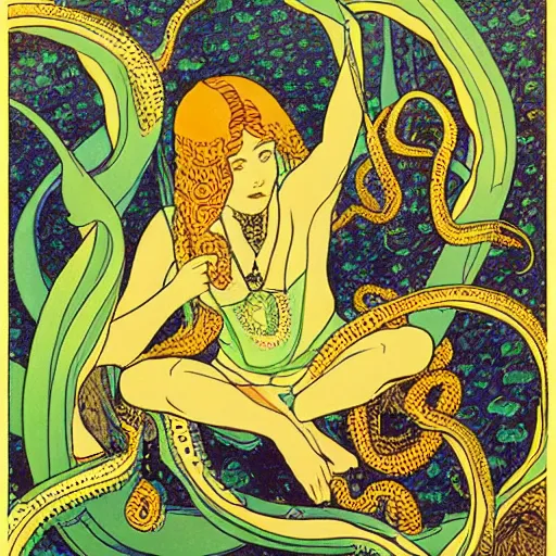 Image similar to ivan bilibin and edmund dulac and ilya kuvshinov inspired print of octopus