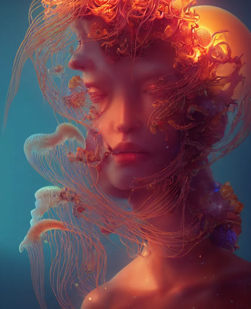 Image similar to goddess close-up portrait. orchid jellyfish phoenix head, nautilus, skull, betta fish, bioluminiscent creatures, intricate artwork by Tooth Wu and wlop and beeple. octane render, trending on artstation, greg rutkowski very coherent symmetrical artwork. cinematic, hyper realism, high detail, octane render, 8k