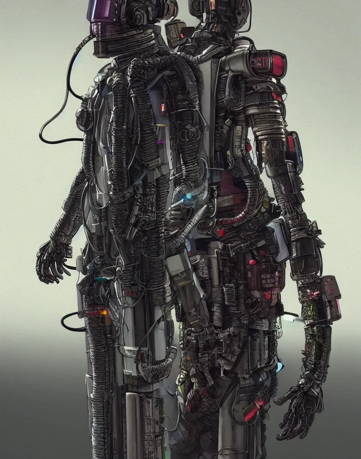 Image similar to realistic cyberpunk japanese engineer with long limbs and a black spacesuit carrying welder, techwear, dead space, visible face, Industrial Scifi, detailed illustration, character portrait, by Martin Grip and Moebius