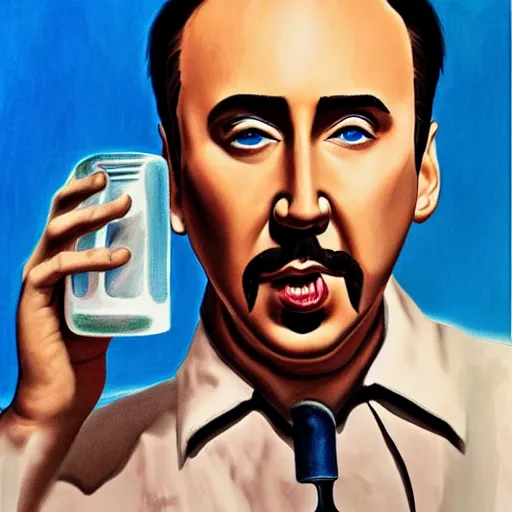 Image similar to Drinking from bottle liquid with face Nicolas Cage, Surrealism, Surreal drawing, Digital art, from artstation, art by Salvador Dali