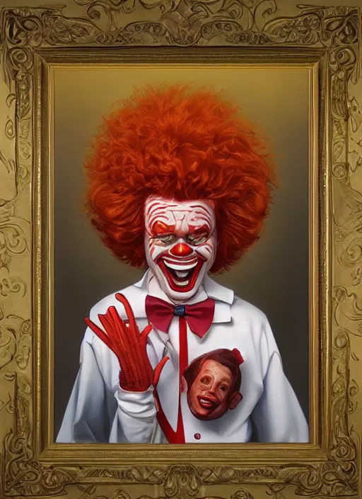 Image similar to portrait of Ronald McDonald in Society (1989), intricate, highly detailed, centered, digital painting, artstation, concept art, smooth, sharp focus, illustration, artgerm, donato giancola, Joseph Christian Leyendecker, WLOP, Artgerm