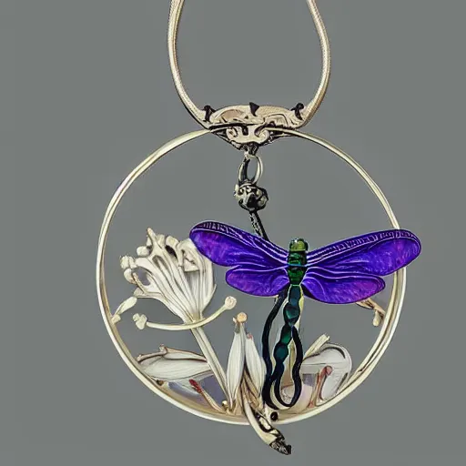 Prompt: necklace in artnouveau style a dragonfly on poppies made by rene lalique - n 6