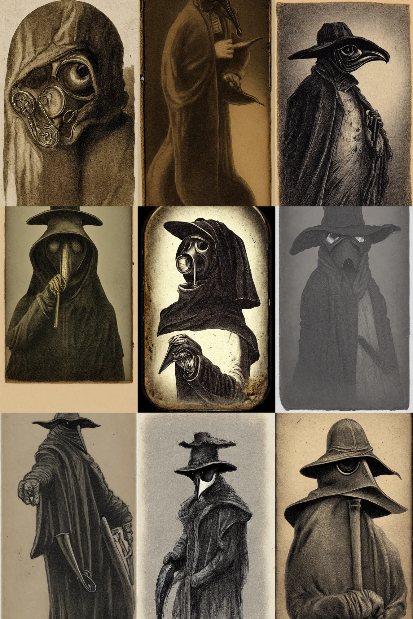 Prompt: daguerreotype of a Plague Doctor, extremely detailed, Ultra HD, circa 1890, trending in artstation