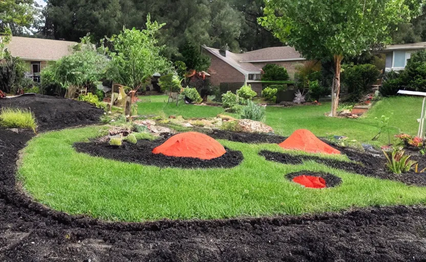 Image similar to suburban yard with miniature volcano erupting in the yard, ground level