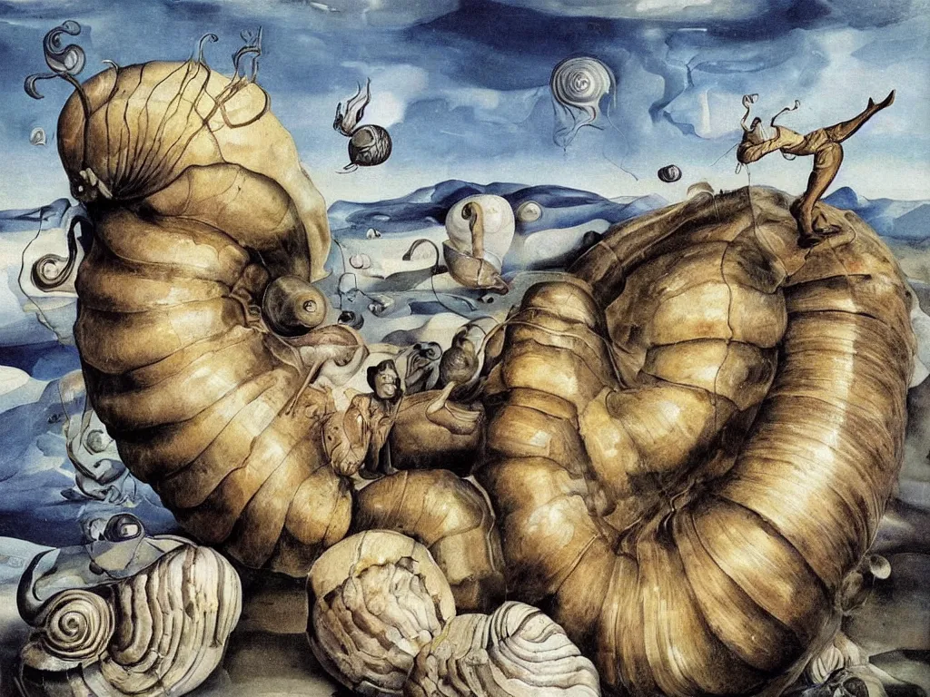 Image similar to Man riding a giant strange snail-like creature an icy alien planet. Giant seashells rocks, mountains. Iridescent insects. Painting by Lucas Cranach, Salvador Dali