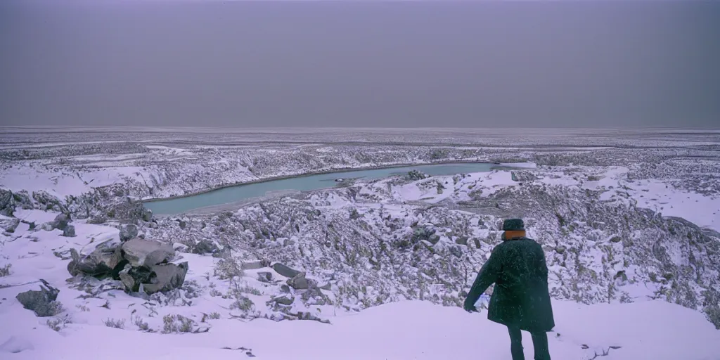 Image similar to photo of green river, wyoming cliffs covered in ice and snow, during a snowstorm. a old man in a trench coat and a cane appears as a hazy silhouette in the distance, looking back over his shoulder. cold color temperature. blue hour morning light, snow storm. hazy atmosphere. humidity haze. kodak ektachrome, greenish expired film, award winning, low contrast.