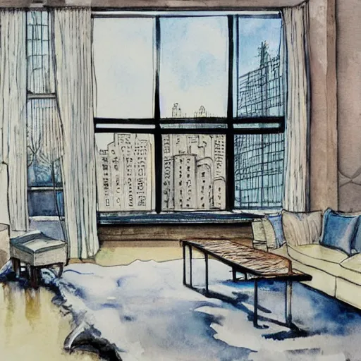 Image similar to modern loft overlooking central park in a blizzard, in watercolor gouache detailed paintings, moebius, blueprint, art nouveau