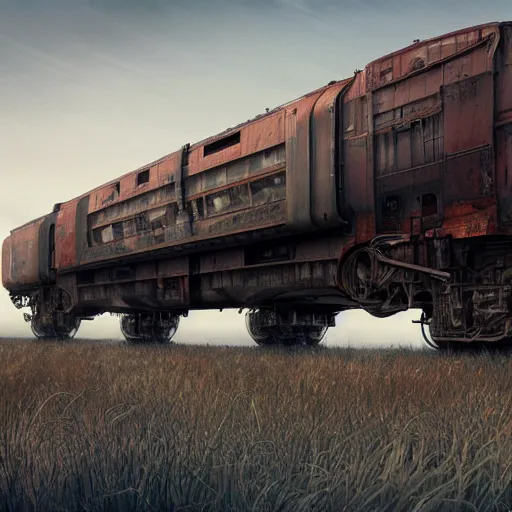 Image similar to technobiological rusty traincar, biopunk, high detail, photorealism, full length view, concept art, octane render, 8 k. cgsociety by wayne barlowe, dariusz zawadzki