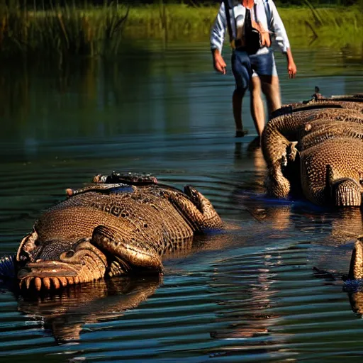 Prompt: man's face with clocks covering his eyes walking near lake with crocodiles, high detail, soft lighting, intricate, 8 k