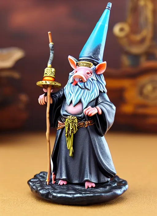 Prompt: 8 0 mm resin detailed miniature of pig wizard with wizards hat and robe holding a staff with a crystal on the top, product introduction photos, 4 k, full body,