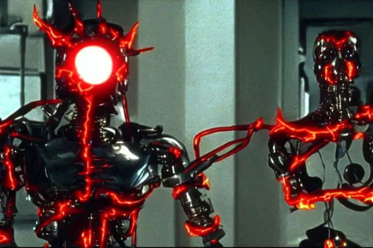 Prompt: Terminator Pikachu scene where his endoskeleton gets exposed and his eye glows red, still from the film Terminator Pikachu