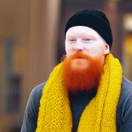 Prompt: a bald man with a ginger beard and a yellow beanie hat