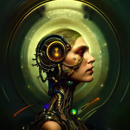 Image similar to extremely psychedelic beautiful cyborg goddess infected by night. intricate, elegant, highly detailed, extremely lifelike photorealistic digital painting, artstation. steichen, gaston bussiere, tom bagshaw, cyberpunk alphonse mucha. elegant minimalism. anatomically correct. sharp focus. gold, black accents. surreal lush cosmic hallucination