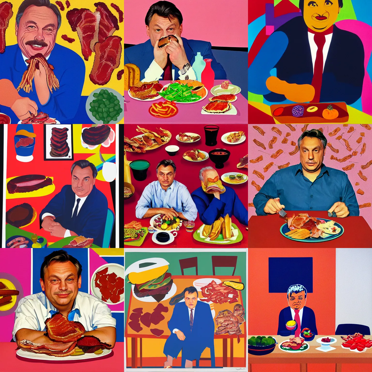 Prompt: portrait of romantic viktor orban sitting behind a table full of bacon, memphis group, 1 9 8 0 s, kitch, colourful, shapes