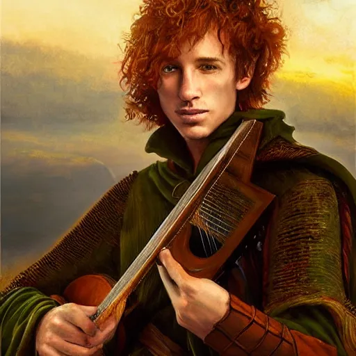 Prompt: kvothe playing his lute serenading the sunset, huntsman, medieval, green cape, by Aleksi Briclot