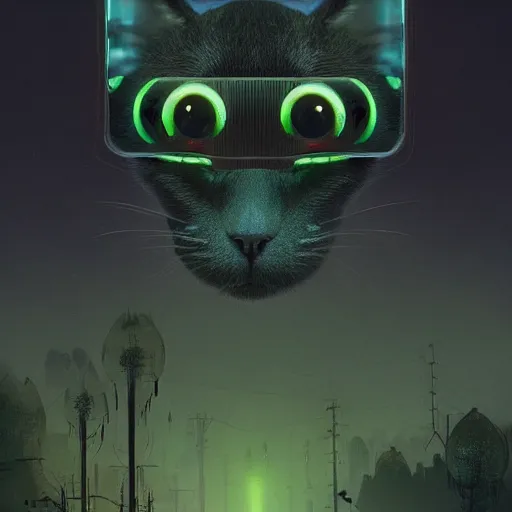 Image similar to a small black cat with big green eyes, peaceful, science fiction, award-winning, cinematic lighting, insanely detailed, very realistic, Artstation, Cgsociety, by Simon Stalenhag, directed by Denis Villeneuve, filmic