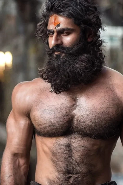 Image similar to beautiful gigachad with slick brown beard, wavy hair, huge glistening muscles, many scars, wearing golden armour. bollywood action movie still.