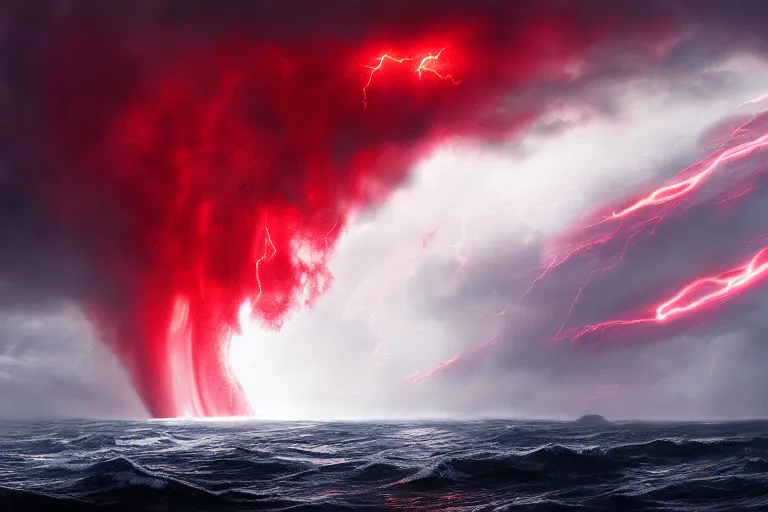 Image similar to monstrous tornado over stormy seas, night, backlit, red sprites, hyperdetailed, cgsociety, artstation