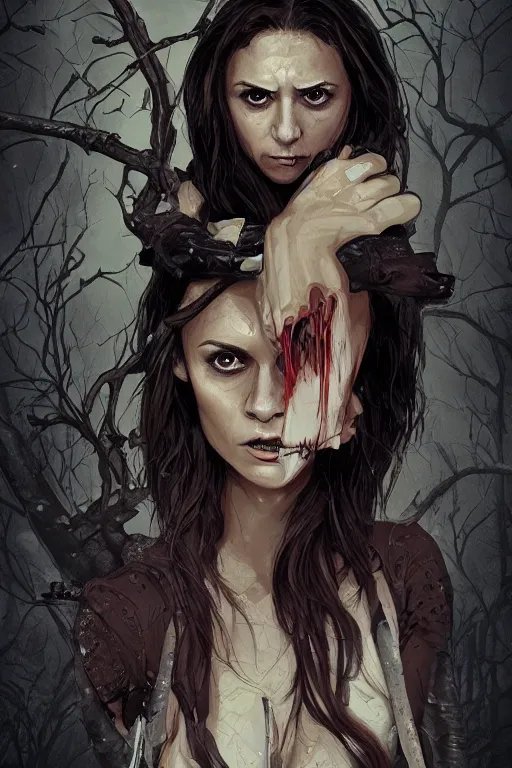 Image similar to nina dobrev in sleepy hollow, full body, big two toned eyes, teeth gritted, horror, intricate details, cinematic, epic, realistic, anatomy, tomer hanuka, uplight, artstation, photorealistic, scary