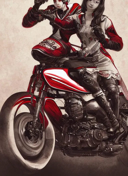 Image similar to maiko riding a motorbike, fluent composition, red white and black, concept art, ambient light, 4 k, intricate details, highly professionally detailed, cgsociety, highly detailed -