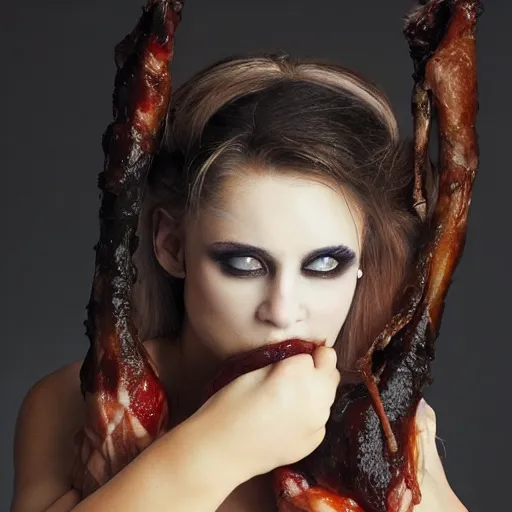 Image similar to she belongs to the twilight and mist eating a turkey leg