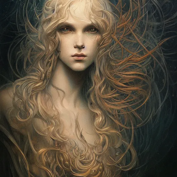 Image similar to a highly detailed beautiful portrait in the style of jean delville and in the style of peter mohrbacher.