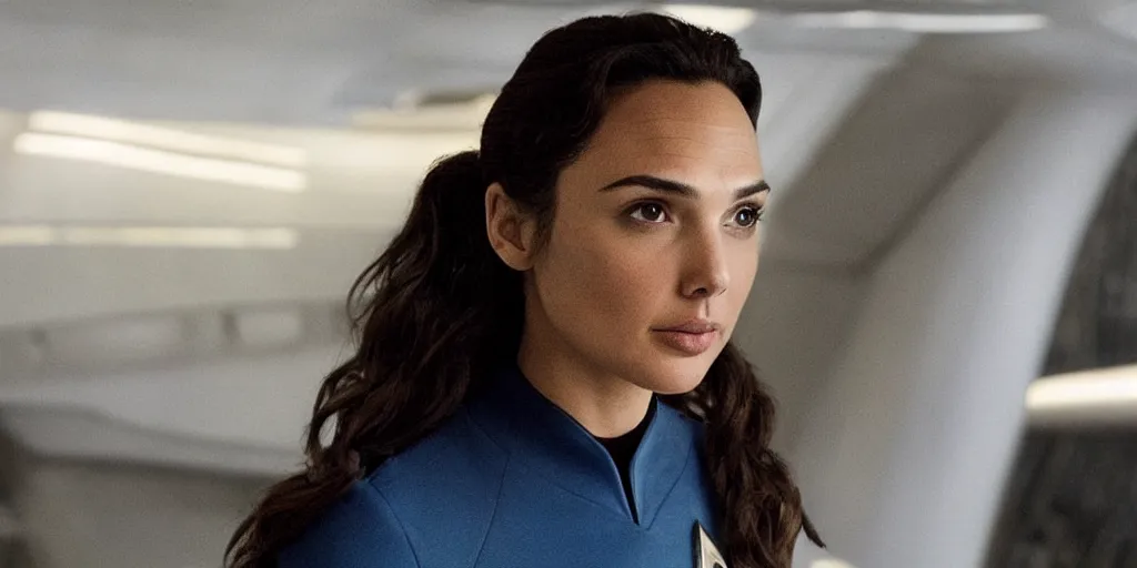 Image similar to gal gadot, in full starfleet uniform, is the captain of the starship enterprise in the new star trek movie